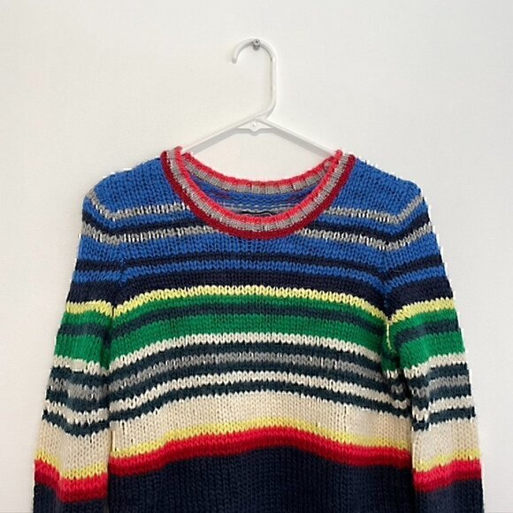 AMERICAN EAGLE Rainbow Navy Cream Striped Chunky Knit WOOL Etc Crew Neck Sweater - Picture 5 of 12